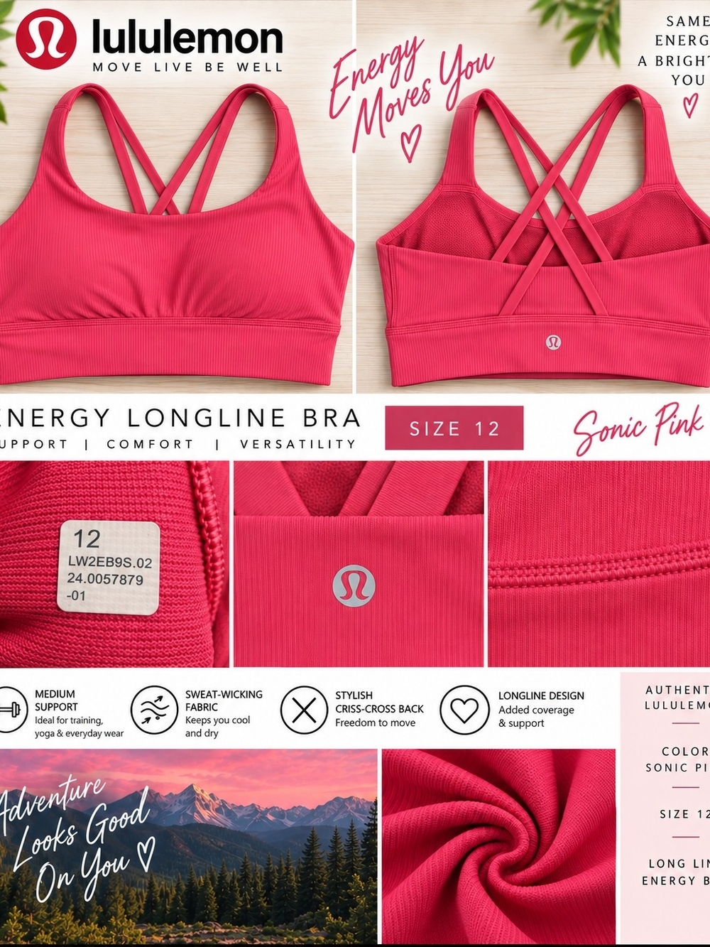 lululemon athletica Energy Longline Bra — Sonic Pink